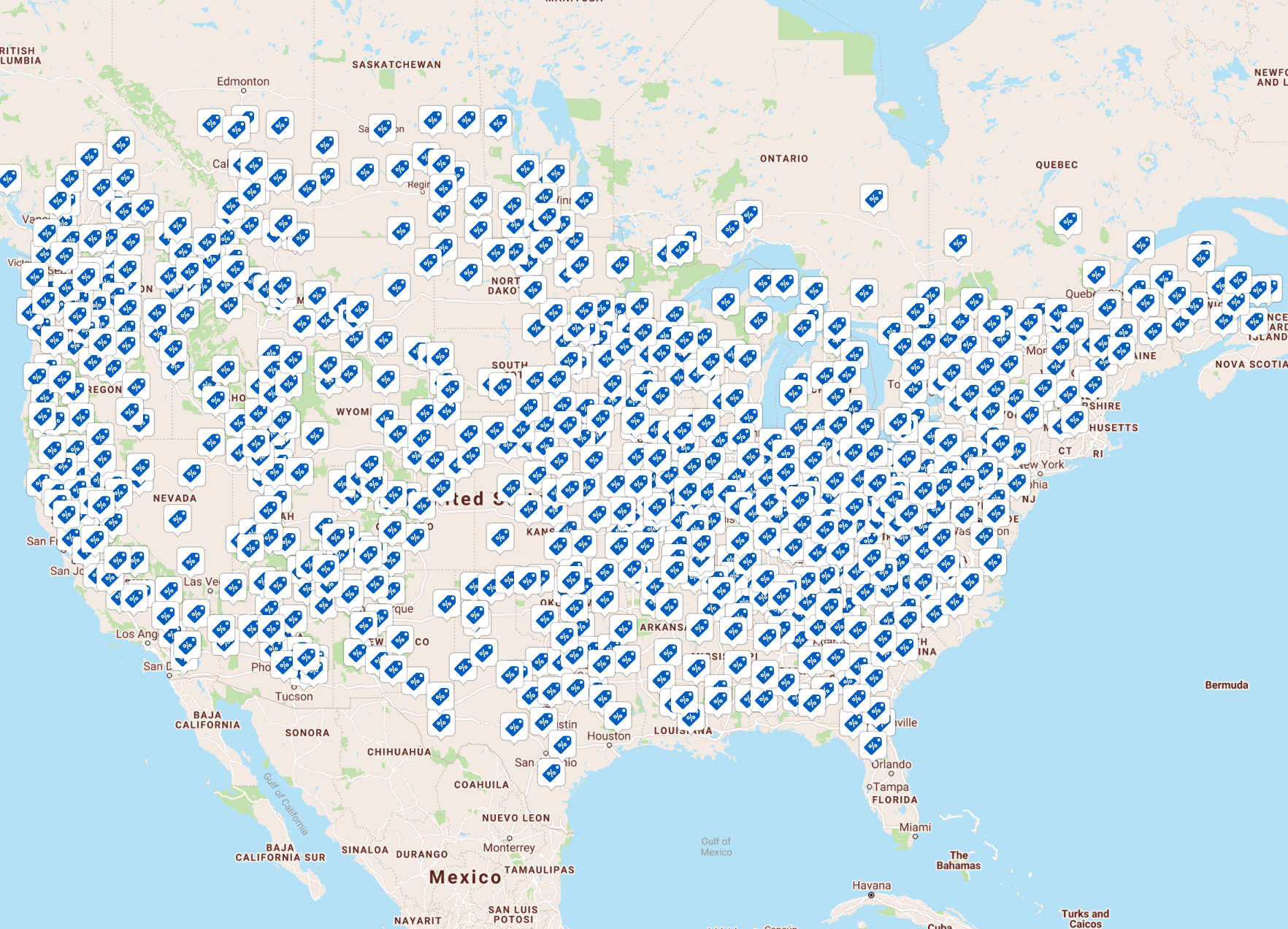 Campground locations on a map of north america